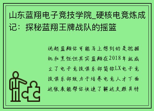 山东蓝翔电子竞技学院_硬核电竞炼成记：探秘蓝翔王牌战队的摇篮